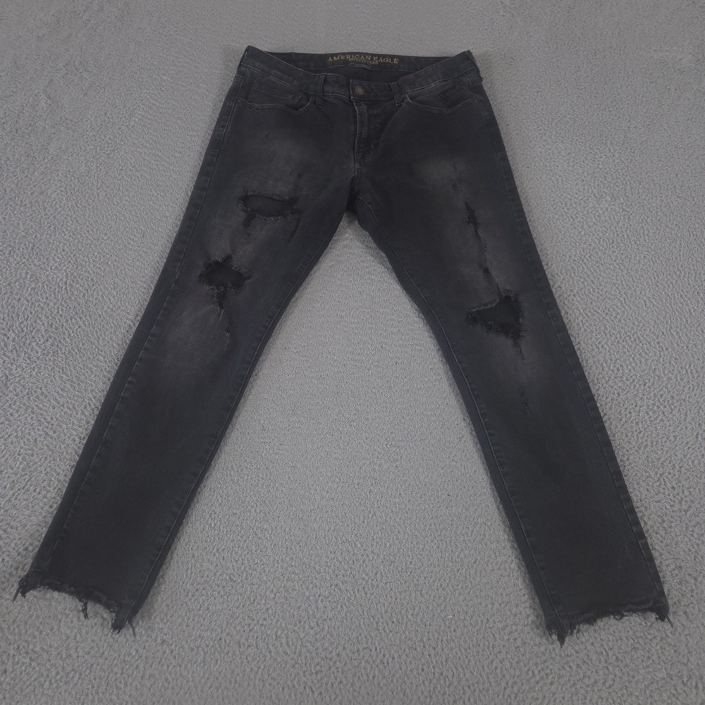 American Eagle Jeans Mens 34x30 Black Skinny Extreme Flex 4 Distressed Raw Hem